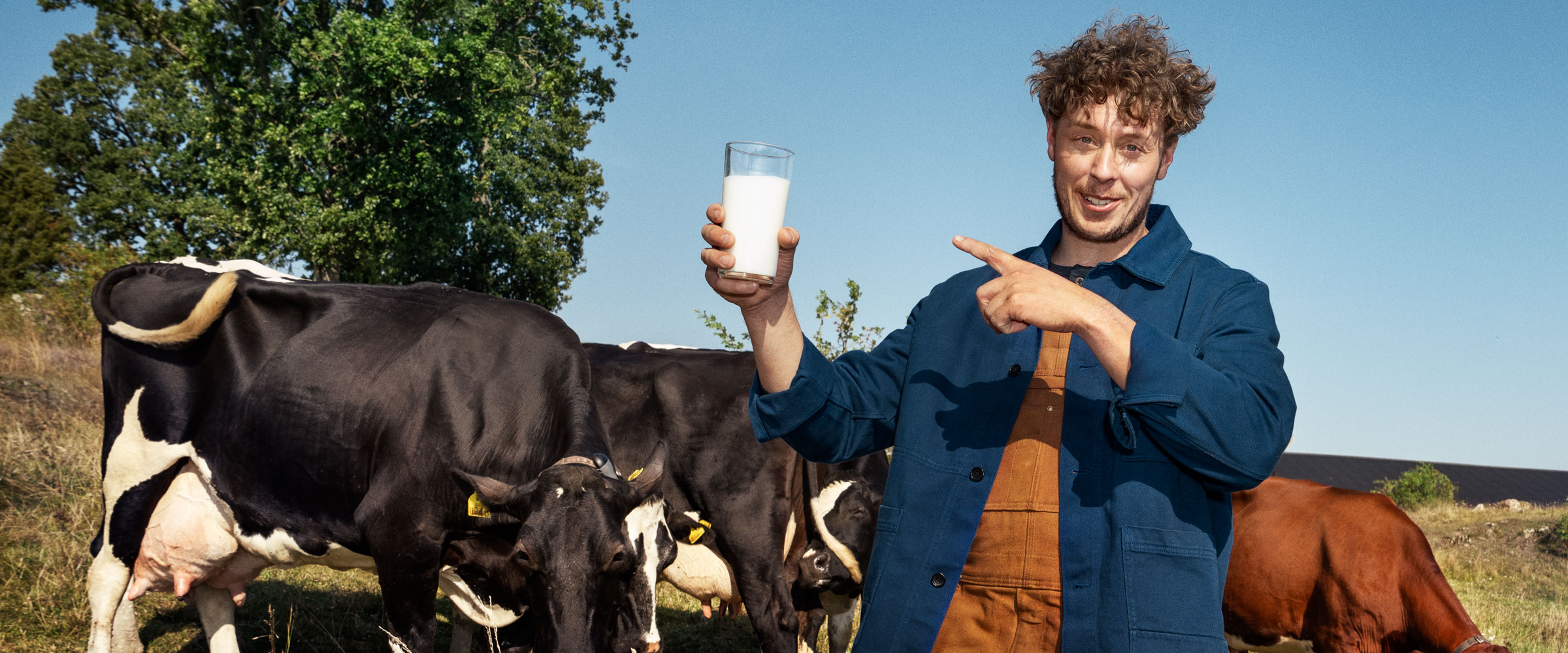 Bonde pekar på ett mjölkglas