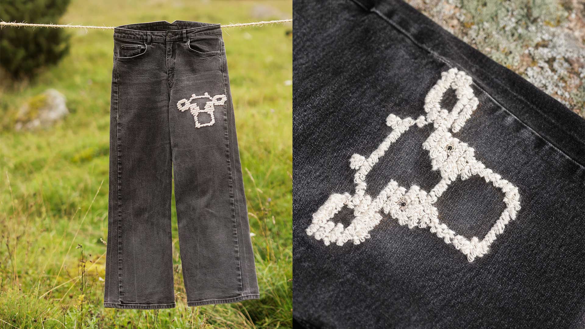 Jeans med broderad kossa