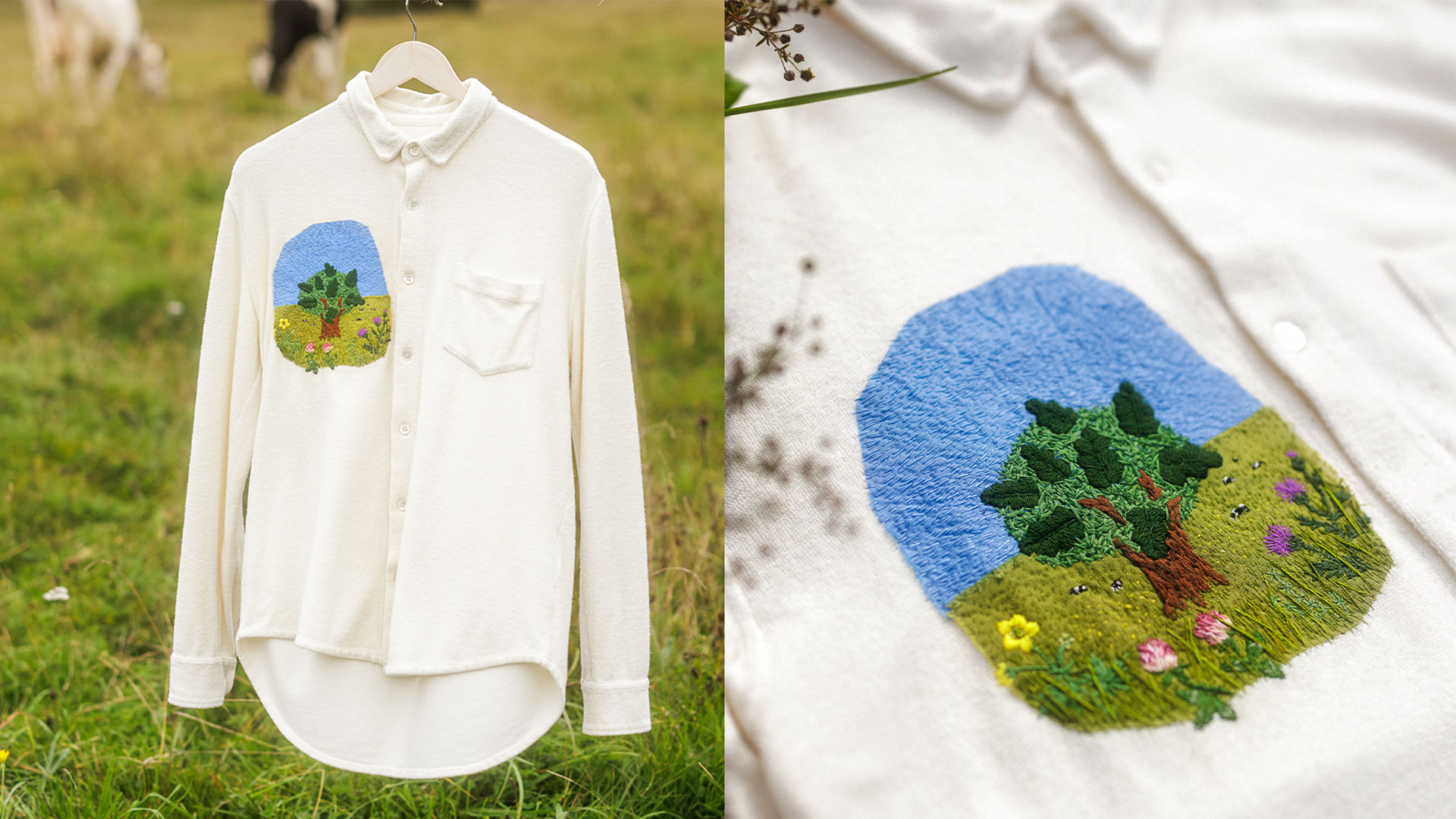 Vit frottékjorta med landskapsbrodyr