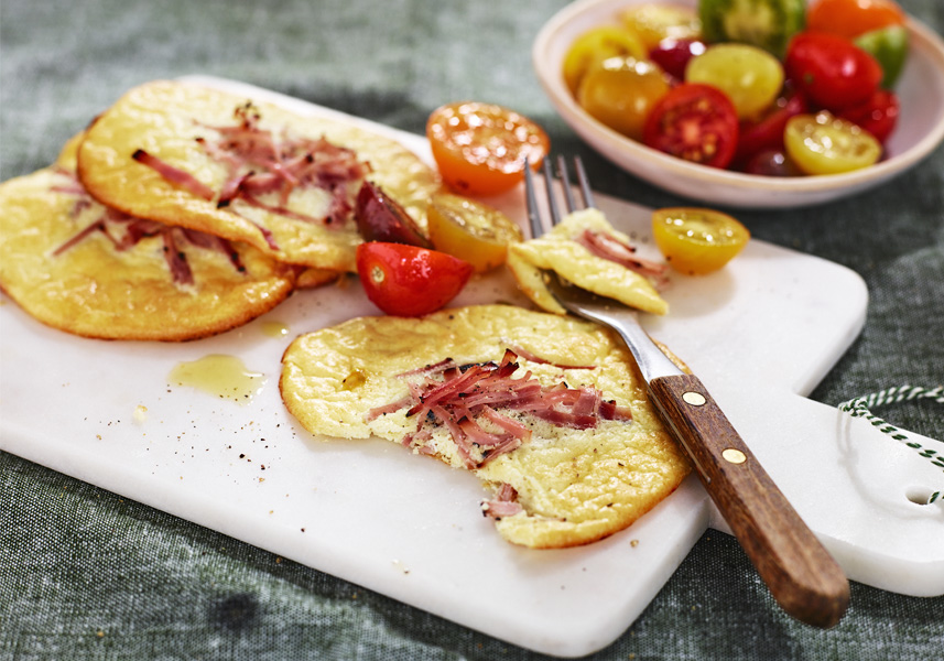 Ugnsbakade kvargplättar med skinka