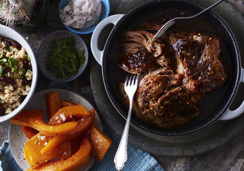 Pulled pork med rostad pumpa och röd bönröra